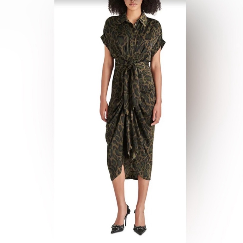 Steve Madden TORI Tony camo green satin look belted button front shirtdress szL - Picture 3 of 17